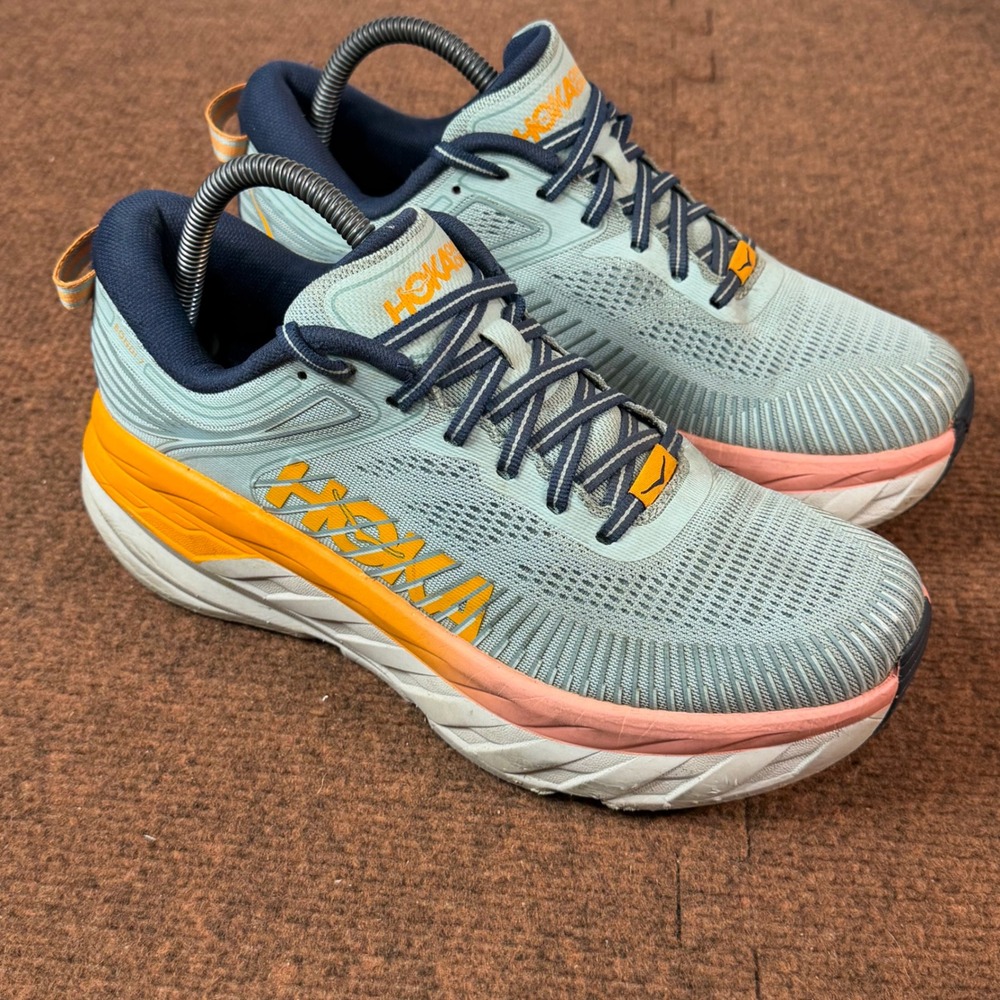 Hoka One One Bondi 7 Womens Running Shoes Blue Fog Orange Size 8.5 1110519 BHBI